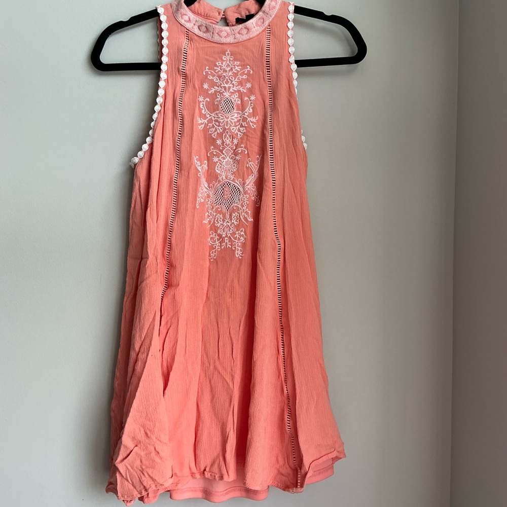 Peach Boho Embroidered Babydoll Tank Top Open Back Flowy Festival Blouse Size S